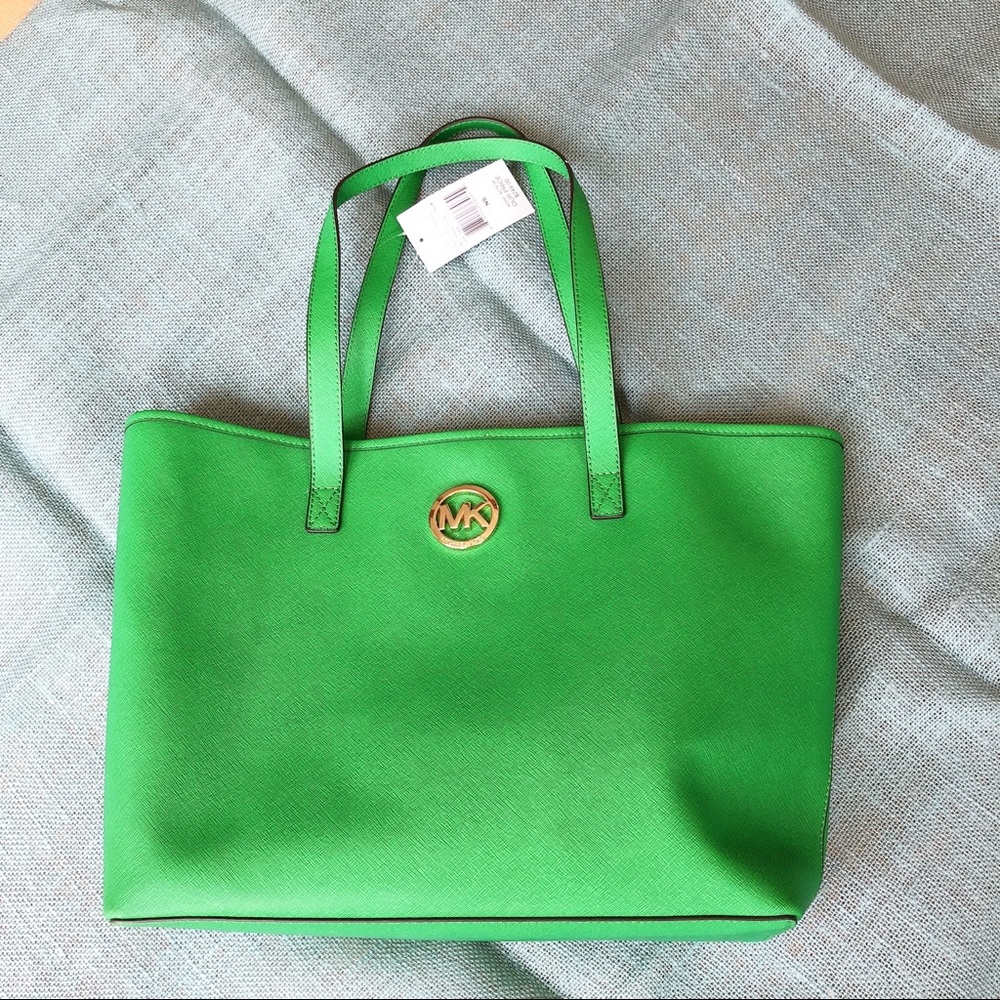 Michael Kors Bright Green Saffiano Tote with Gold MK Logo